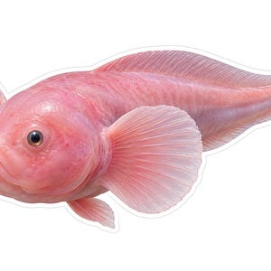 May include: A pale pink fish with a smooth, gelatinous-looking body, large rounded pectoral fins, and a prominent dorsal fin that extends along its back. The fish has a rounded head, dark eyes, and a downturned mouth on a white background.
