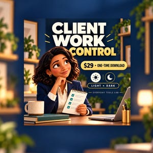May include: A digital graphic featuring the text CLIENT WORK CONTROL, a cartoon character in a blue blazer holding a notepad, a laptop, a coffee mug, and icons for light and dark modes. The text includes $29 ONE-TIME DOWNLOAD and EVERYDAY TOOLS LAB.