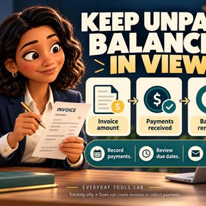 May include: A digital graphic titled KEEP UNPAID BALANCES IN VIEW featuring an illustration of a person holding an invoice. It displays a three-step process: Invoice amount, Payments received, and Balance remaining, plus icons for recording payments, reviewing due dates, and choosing a follow-up. Text includes EVERYDAY TOOLS LAB and Tracking only - Does not create invoices or collect payments.