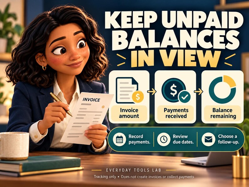 May include: A digital graphic titled KEEP UNPAID BALANCES IN VIEW featuring an illustration of a person holding an invoice. It displays a three-step process: Invoice amount, Payments received, and Balance remaining, plus icons for recording payments, reviewing due dates, and choosing a follow-up. Text includes EVERYDAY TOOLS LAB and Tracking only - Does not create invoices or collect payments.