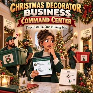 May include: A digital illustration titled Christmas Decorator Business Command Center featuring a person holding a tablet with a schedule, two people carrying storage bins labeled J-102 and J-101, and a desk calendar marked with December dates.