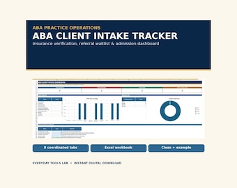 ABA Client Intake Tracker Spreadsheet | Insurance Verification, Referral Waitlist & Admission Dashboard