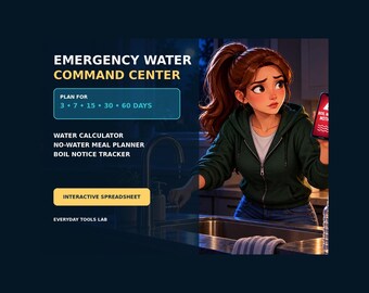 Emergency Water Storage Calculator Spreadsheet | 60-Day Supply Planner & No-Water Meal Plan