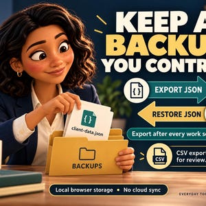 May include: A graphic featuring the text KEEP A BACKUP YOU CONTROL, EXPORT JSON, RESTORE JSON, Export after every work session, CSV exports for review, and Local browser storage - No cloud sync, with a file labeled client-data.json in a folder.