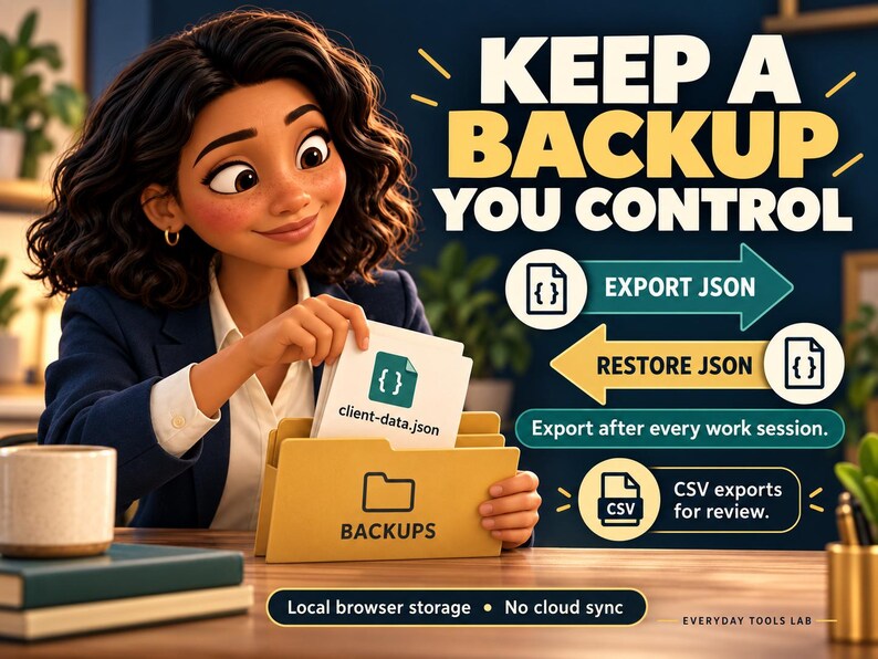 May include: A graphic featuring the text KEEP A BACKUP YOU CONTROL, EXPORT JSON, RESTORE JSON, Export after every work session, CSV exports for review, and Local browser storage - No cloud sync, with a file labeled client-data.json in a folder.