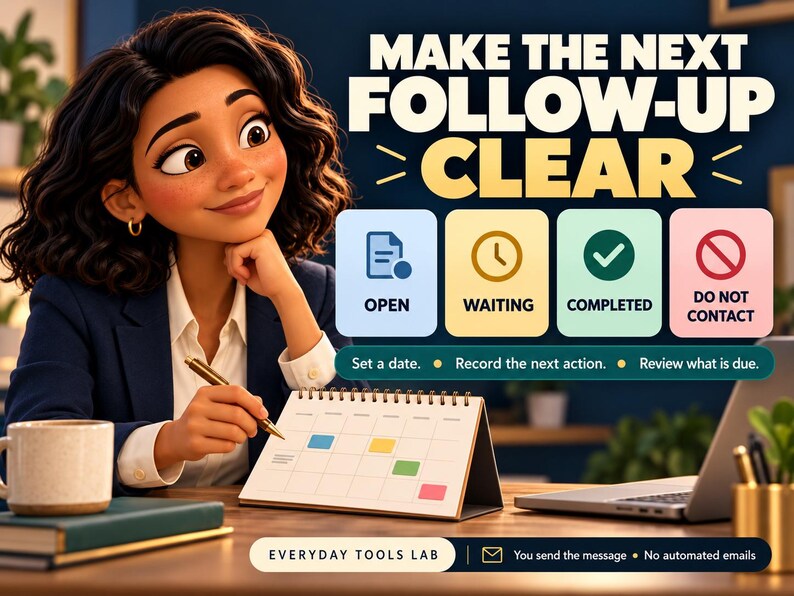 May include: A digital graphic featuring the text MAKE THE NEXT FOLLOW-UP CLEAR, with four status icons labeled OPEN, WAITING, COMPLETED, and DO NOT CONTACT. Below, text reads Set a date, Record the next action, Review what is due, and EVERYDAY TOOLS LAB.