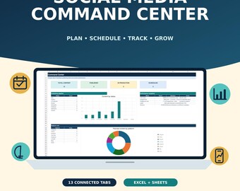 Social Media Command Center Planner, Content Calendar & Analytics Tracker (Excel/Sheets)