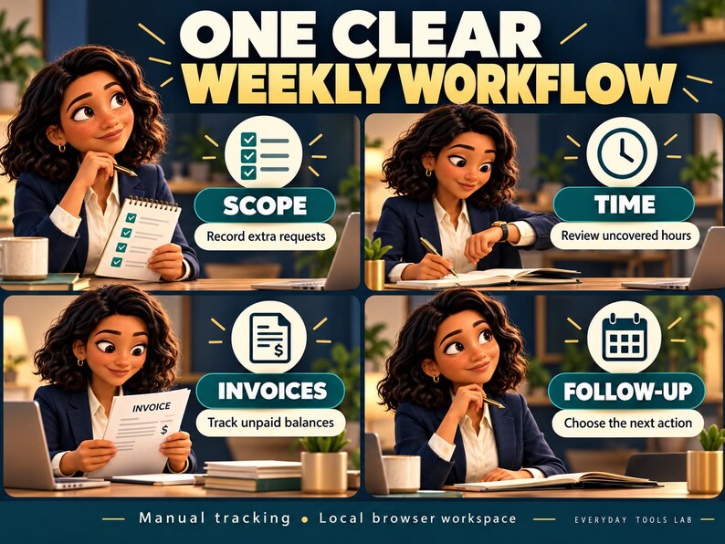 May include: A four-panel graphic titled ONE CLEAR WEEKLY WORKFLOW featuring a cartoon professional. Panels show: SCOPE with a checklist, TIME with a clock, INVOICES with a document, and FOLLOW-UP with a calendar. Text includes Manual tracking and Local browser workspace.