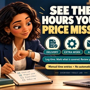 May include: A cartoon-style illustration of a professional checking a watch while writing in a notebook. Text reads: SEE THE HOURS YOUR PRICE MISSES, DELIVERY, EXTRA WORK, ADMIN, Log time. Mark what is covered. Review your week. Manual time entries.