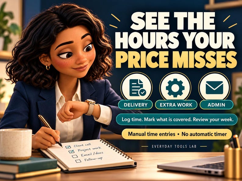 May include: A cartoon-style illustration of a professional checking a watch while writing in a notebook. Text reads: SEE THE HOURS YOUR PRICE MISSES, DELIVERY, EXTRA WORK, ADMIN, Log time. Mark what is covered. Review your week. Manual time entries.