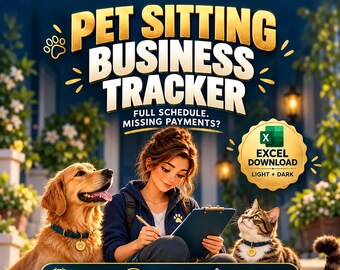 Hoja de cálculo de Excel para el seguimiento de negocios de cuidado de mascotas, calendario de paseos de perros, saldos de pago y alertas de superposición de visitas, luz y oscuridad.