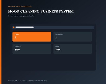 Hood Cleaning Business System, Kitchen Exhaust Service Tracker, Scheduling CRM, Invoice and Profit Spreadsheet
