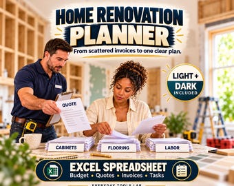 Home Renovation Planner Excel Spreadsheet, Budget, Quotes, Invoices, Tasks (Light + Dark)