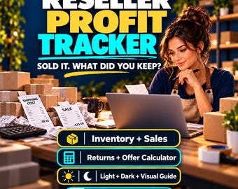 Hoja de cálculo de Excel para el seguimiento de beneficios de revendedores, inventario, ventas, devoluciones y calculadora de ofertas, versión clara y oscura, guía visual.