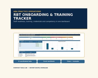 RBT Employee Onboarding Tracker Spreadsheet | ABA Staff Training, 40 Hour Log, Competency & Credential Dashboard