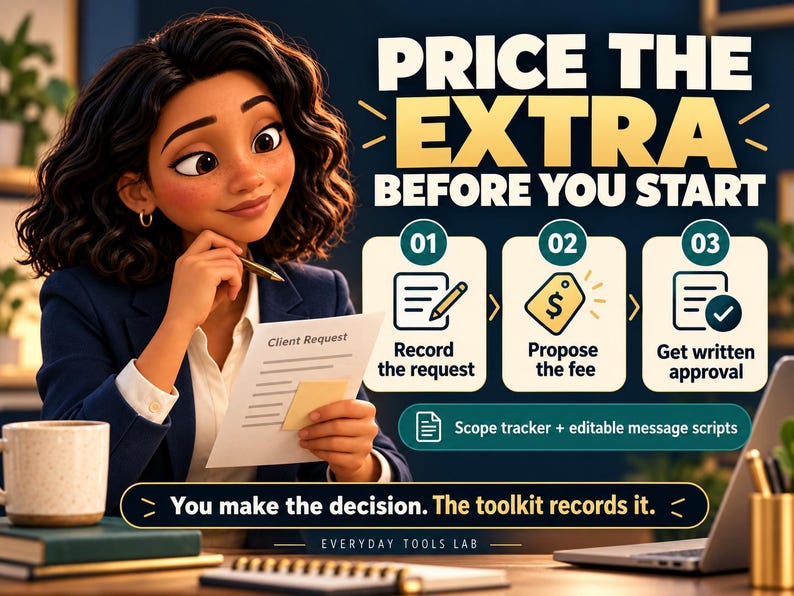 May include: An infographic titled PRICE THE EXTRA BEFORE YOU START featuring a three-step process: 01 Record the request, 02 Propose the fee, and 03 Get written approval. It includes a scope tracker, message scripts, and the text You make the decision. The toolkit records it. Everyday Tools Lab.