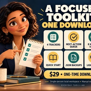May include: A digital toolkit advertisement featuring the text A FOCUSED TOOLKIT. ONE DOWNLOAD. It displays six icons representing 4 trackers, next-action queue, 8 message scripts, quick start, JSON backups, and light plus dark mode options.