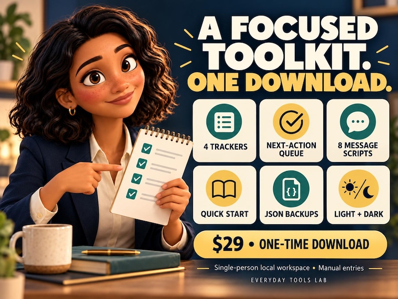 May include: A digital toolkit advertisement featuring the text A FOCUSED TOOLKIT. ONE DOWNLOAD. It displays six icons representing 4 trackers, next-action queue, 8 message scripts, quick start, JSON backups, and light plus dark mode options.