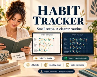 Habit Tracker Excel Spreadsheet, Monthly Routine Planner, Light and Dark Templates, Daily Check-In and Goal Tracker