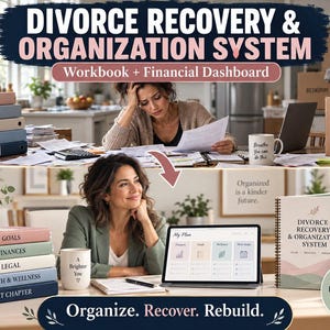 May include: A divorce recovery and organization system featuring a workbook and financial dashboard. The set includes binders labeled Bills, Finances, House, Legal, and To Do, plus a spiral-bound book titled Divorce Recovery & Organization System.