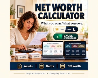 Net Worth Calculator Excel Spreadsheet, Asset and Debt Tracker, Personal Finance Template, Light and Dark Editions