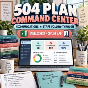 Puede incluir: Un panel de control digital 504 Plan Command Center en la pantalla de una computadora portátil, rodeado de pilas de libros coloridos etiquetados, dos tazas blancas con texto, una lista de verificación y un cuaderno de espiral con un bolígrafo.