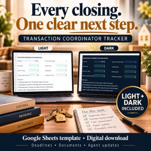 Transaction Coordinator Google Sheets Tracker, Real Estate Closing Checklist, Deal Dashboard, Light and Dark Template