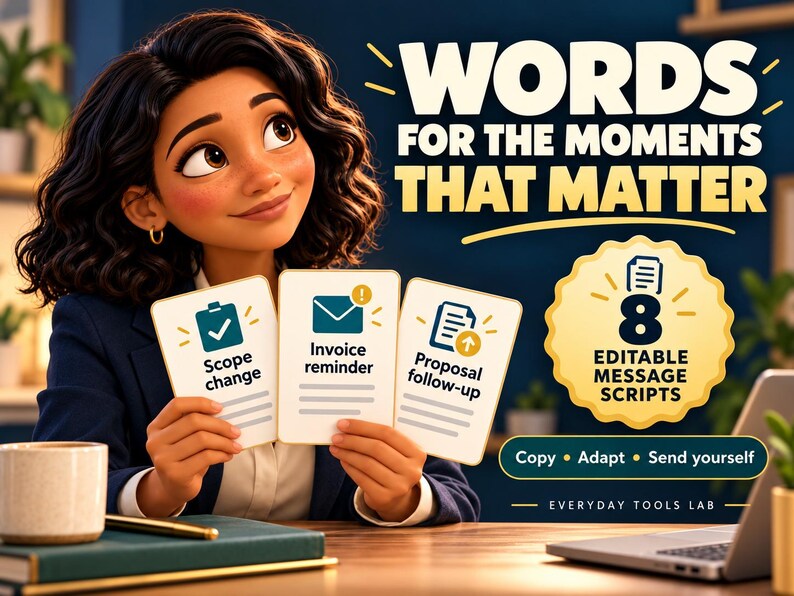 May include: A digital graphic featuring the text WORDS FOR THE MOMENTS THAT MATTER and 8 EDITABLE MESSAGE SCRIPTS. Three cards display icons and text: Scope change, Invoice reminder, and Proposal follow-up. The text Copy, Adapt, Send yourself is visible.