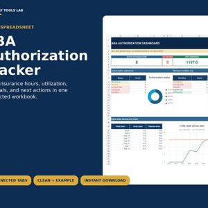 May include: An Excel spreadsheet titled ABA Authorization Tracker featuring a dark blue background with white text. The dashboard displays data tables, a donut chart, and a line graph tracking insurance hours, utilization, and renewal workflows.