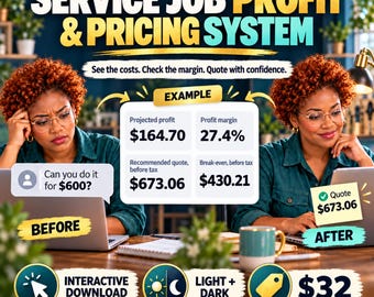 Service Job Profit Calculator & Quote Tracker, Catering Event Costing, Interactive Browser Download, Light and Dark