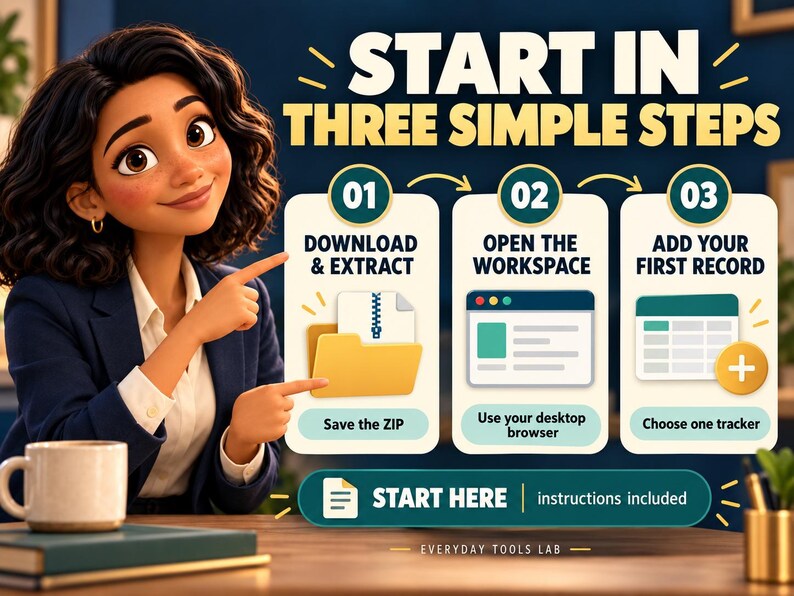 May include: A digital infographic titled START IN THREE SIMPLE STEPS featuring three numbered icons: 01 DOWNLOAD & EXTRACT, 02 OPEN THE WORKSPACE, and 03 ADD YOUR FIRST RECORD. Below is a START HERE button with instructions included by EVERYDAY TOOLS LAB.
