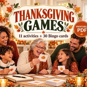 Può includere: Un set di giochi per il Ringraziamento con 11 attività e 30 cartelle di Bingo in formato PDF stampabile. La grafica include il testo "THANKSGIVING GAMES" e "11 activities + 30 Bingo cards" con illustrazioni di foglie autunnali.