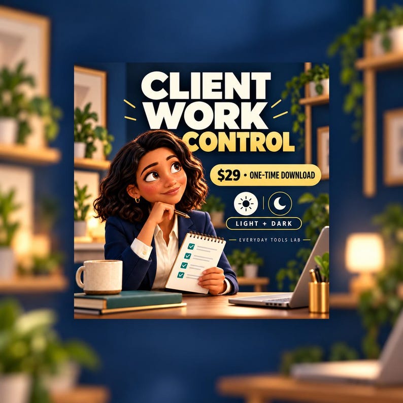May include: A digital graphic featuring the text CLIENT WORK CONTROL, a cartoon character in a blue blazer holding a notepad, a laptop, a coffee mug, and icons for light and dark modes. The text includes $29 ONE-TIME DOWNLOAD and EVERYDAY TOOLS LAB.