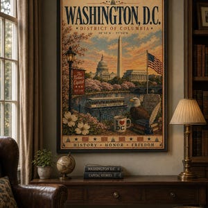 May include: A framed vintage-style travel poster of Washington, D.C. featuring the Capitol building, Washington Monument, and cherry blossoms. It includes a Potomac Excursions boat, a bald eagle, a coffee mug with I heart DC, and text reading History, Honor, Freedom.