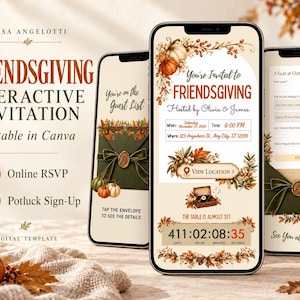 Pode incluir: Três smartphones exibem um modelo de convite digital para Friendsgiving com folhagem de outono, abóboras e um envelope verde com selo de cera. As telas mostram detalhes do evento, um cronômetro de contagem regressiva e campos de RSVP.