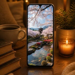 Può includere: Uno smartphone che mostra un'immagine vibrante di un giardino giapponese con ciliegi in fiore, un ponte rosso, una pagoda e un laghetto con pesci koi. Il dispositivo presenta bordi sottili e un notch per la fotocamera frontale.