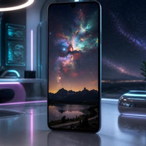 Puede incluir: Un teléfono inteligente con pantalla de bisel fino que muestra una nebulosa vibrante, un cielo estrellado, una cordillera oscura y un lago reflectante. El dispositivo tiene un marco oscuro y elegante sobre una superficie lisa.