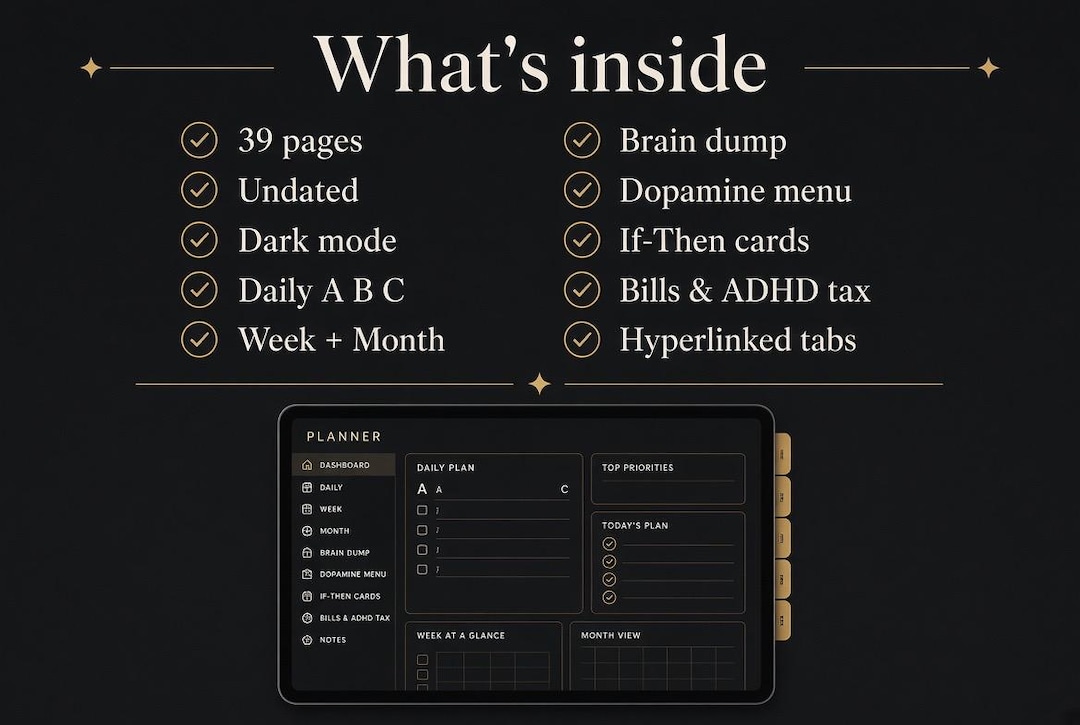 Dark Mode ADHD Planner for Goodnotes: Undated Daily Weekly Brain Dump ...