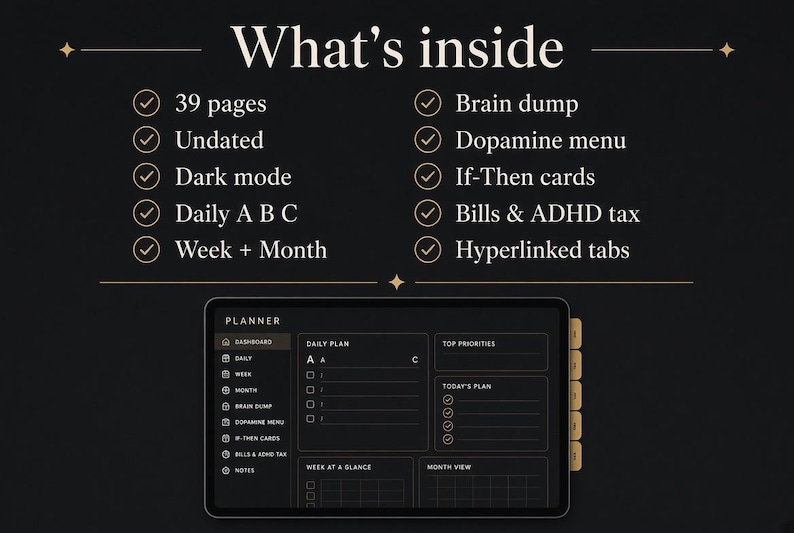 Dark Mode ADHD Planner for Goodnotes: Undated Daily Weekly Brain Dump ...