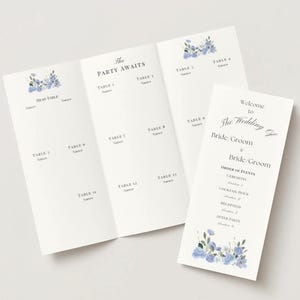 Può includere: Un programma di matrimonio e un tableau de mariage a tre ante su cartoncino bianco con illustrazioni floreali blu. Il testo include "The Party Awaits", "Welcome to the Wedding of" e "Order of Events" con sezioni per la cerimonia e il ricevimento.