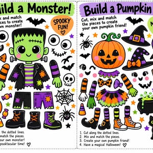 May include: A printable activity sheet featuring Build a Monster and Build a Pumpkin Pal sections. Includes cut-out pieces like eyes, mouths, clothing, hats, and accessories in orange, purple, green, and black colors for Halloween-themed crafting.