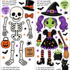 May include: A printable activity sheet featuring Build a Skeleton and Build a Witch sections. Includes a white skeleton, black top hat, orange bow tie, pumpkin bucket, and a green-skinned witch with purple hair, black dress, broom, and cat.