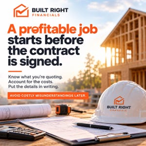 May include: A white hard hat with the orange and black Built Right Financials logo sits on a wooden surface next to a clipboard with blueprints, a black pen, a calculator, a rolled-up paper, and a tape measure, with a house frame in the background.