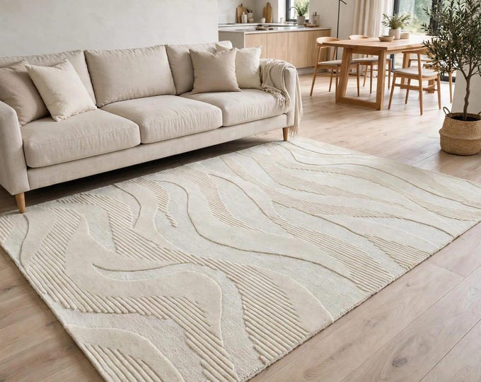 Organic Pastel Rug Texture Ivory Abstract Wave Rug, Cream Organic Modern Wool Rug, Textured ...