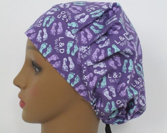 Bouffant Scrub Hat-L&D Nurse-Baby Feet on Purple-Made in USA-Scrub Caps-Surgical Cap-Labor and Delivery Nurse-Healthcare