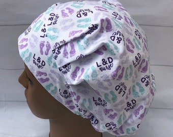 Bouffant Scrub Hat-L&D Nurse-Baby Feet on White-Made in USA-Scrub Caps-Surgical Cap-Labor and Delivery Nurse-Healthcare