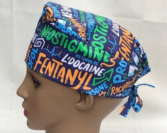 Unisex Scrub Hat-Anesthesia Meds Scribbles-Blue-Regular & Euro size-USA Made-Surgical Cap-Medical Hat-Doctor-Nurse-Vet-Chemo-Dental