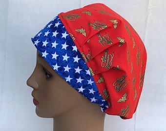 Bouffant Scrub Hat-Wonder Girl w/Stars brim-USA made-Scrub Caps-Surgical Cap-Nurse-Vet-Dental-Chemo-Food-Healthcare