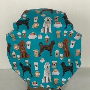 Bouffant Scrub Hat-Labradoodle Dogs and Coffee-Custom Printed-USA Made-Scrub Caps-Surgical Cap-Medical Hat-Nurse-Vet-Chemo-Food Prep-Dental
