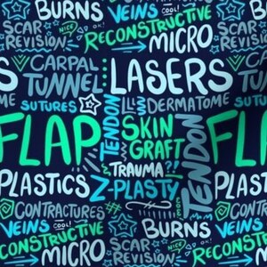 May include: A dark blue background with a pattern of white, blue, and green words related to plastic surgery. The words include "burns", "veins", "reconstructive", "micro", "scar revision", "carpal tunnel", "lasers", "dermatome", "sutures", "flap", "tendon", "skin graft", "trauma", "z-plasty", "plastics", "contractures", and more.